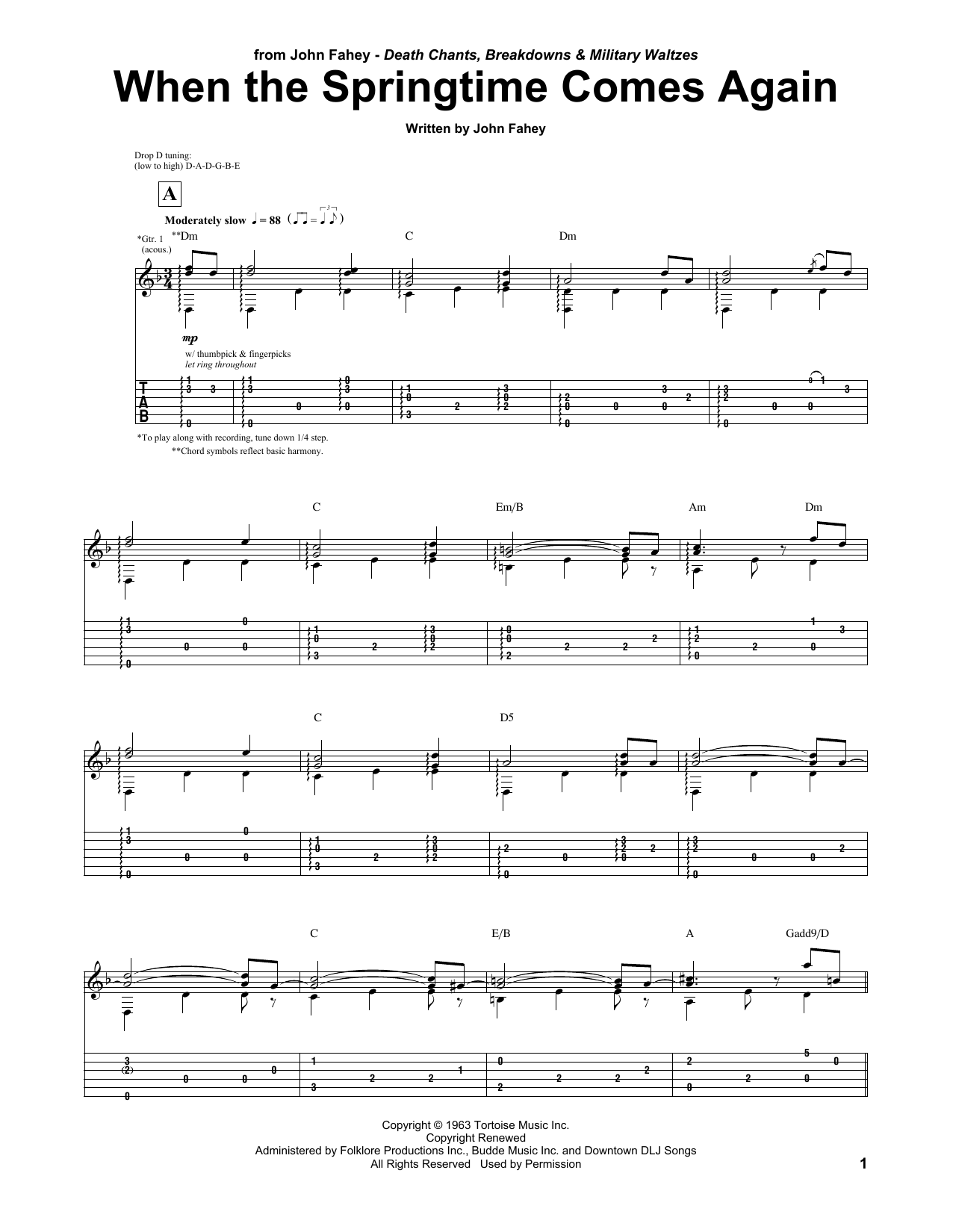 John Fahey When The Springtime Comes Again sheet music notes and chords arranged for Guitar Tab