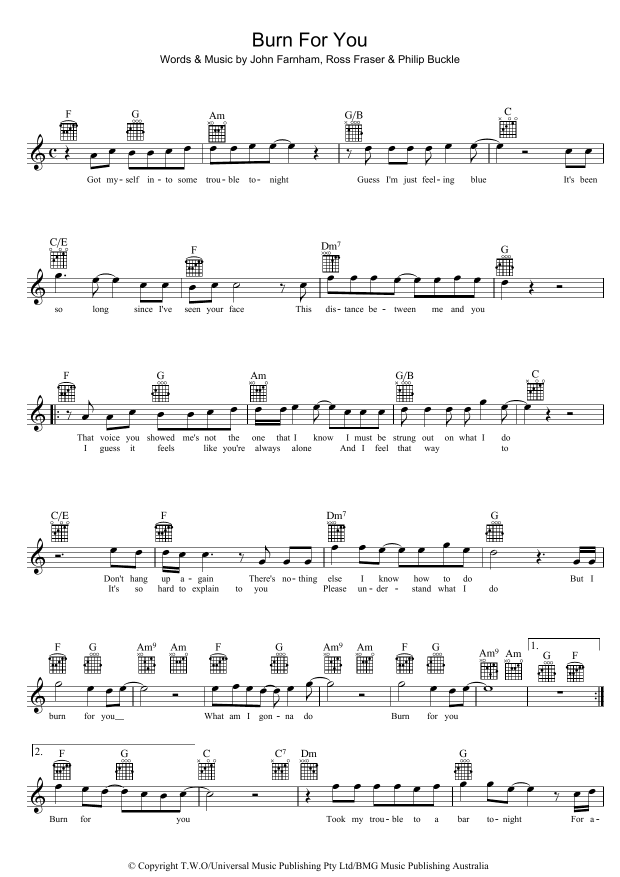 John Farnham Burn For You sheet music notes and chords arranged for Lead Sheet / Fake Book