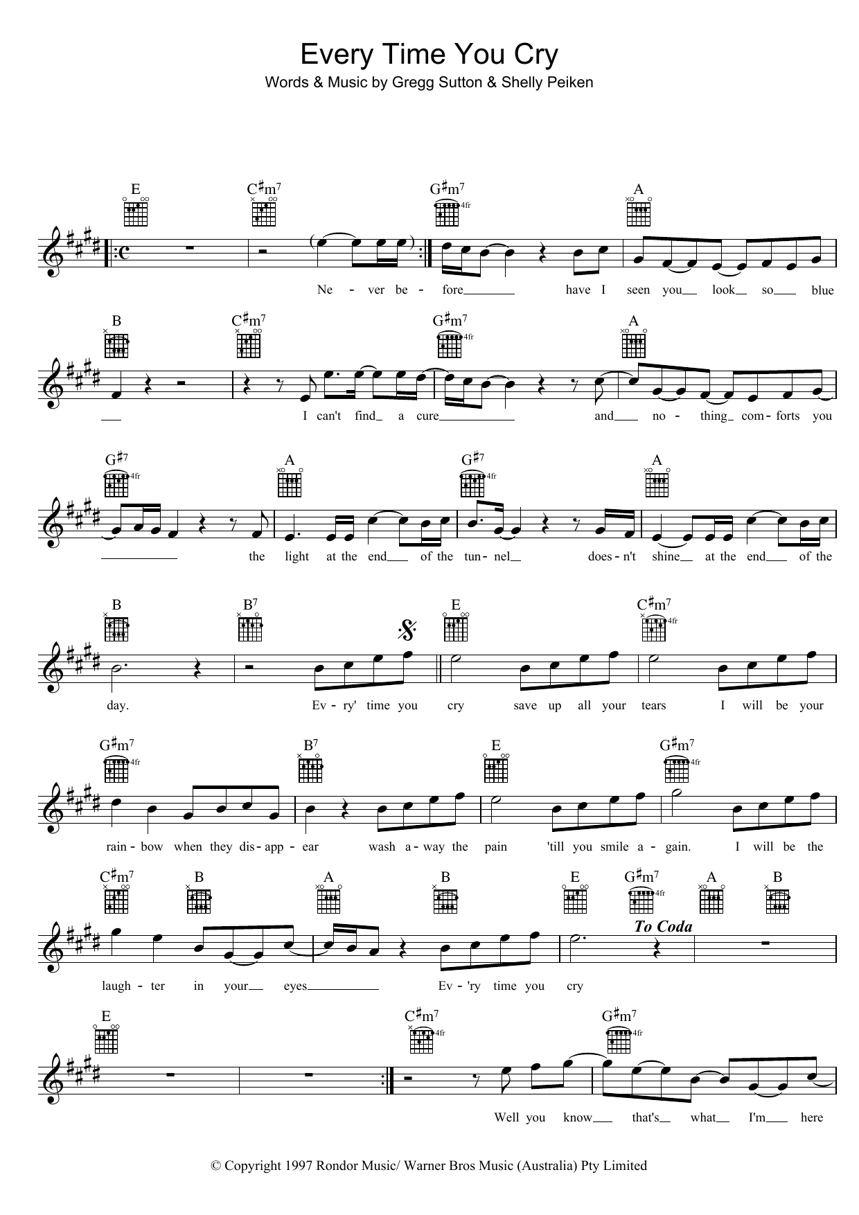 John Farnham Every Time You Cry sheet music notes and chords arranged for Lead Sheet / Fake Book