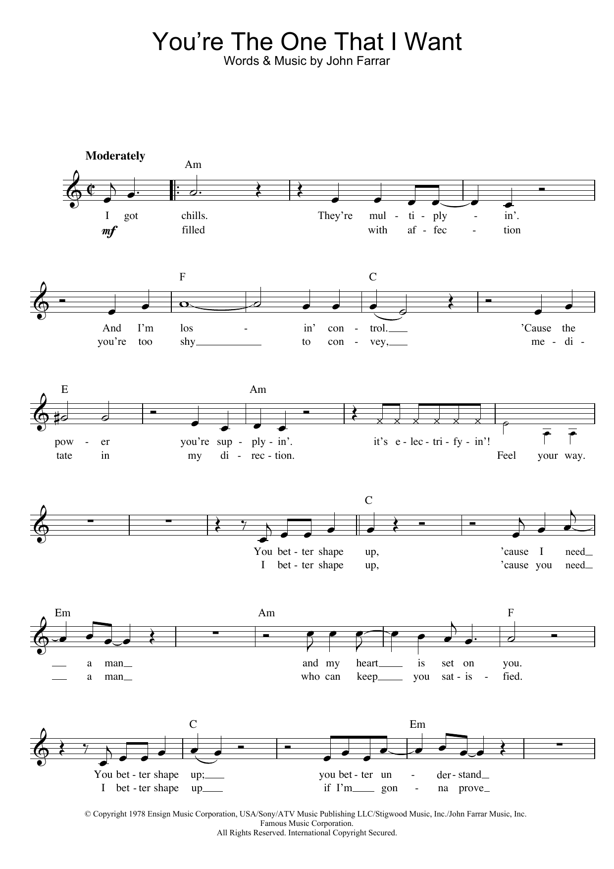 John Farrar You're The One That I Want (from Grease) sheet music notes and chords arranged for Piano Chords/Lyrics