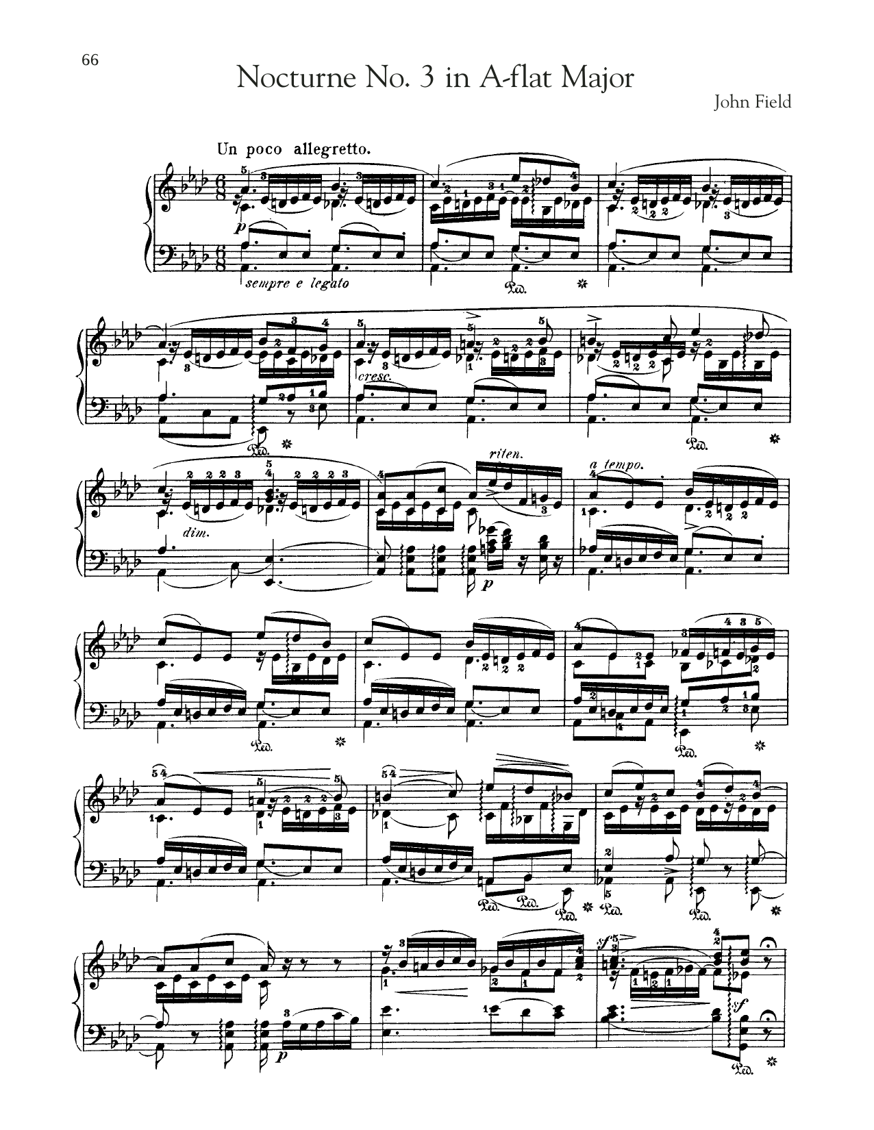 John Field Nocturne No. 3 In A-Flat Major, H. 26 sheet music notes and chords arranged for Piano Solo