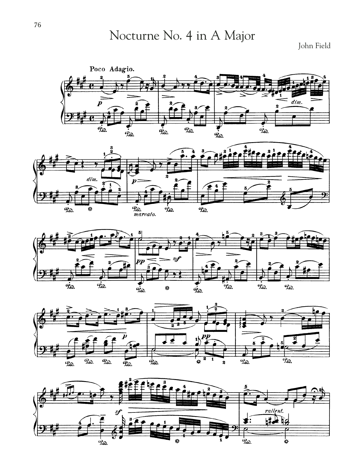 John Field Nocturne No. 4 In A Major, H. 36 sheet music notes and chords arranged for Piano Solo