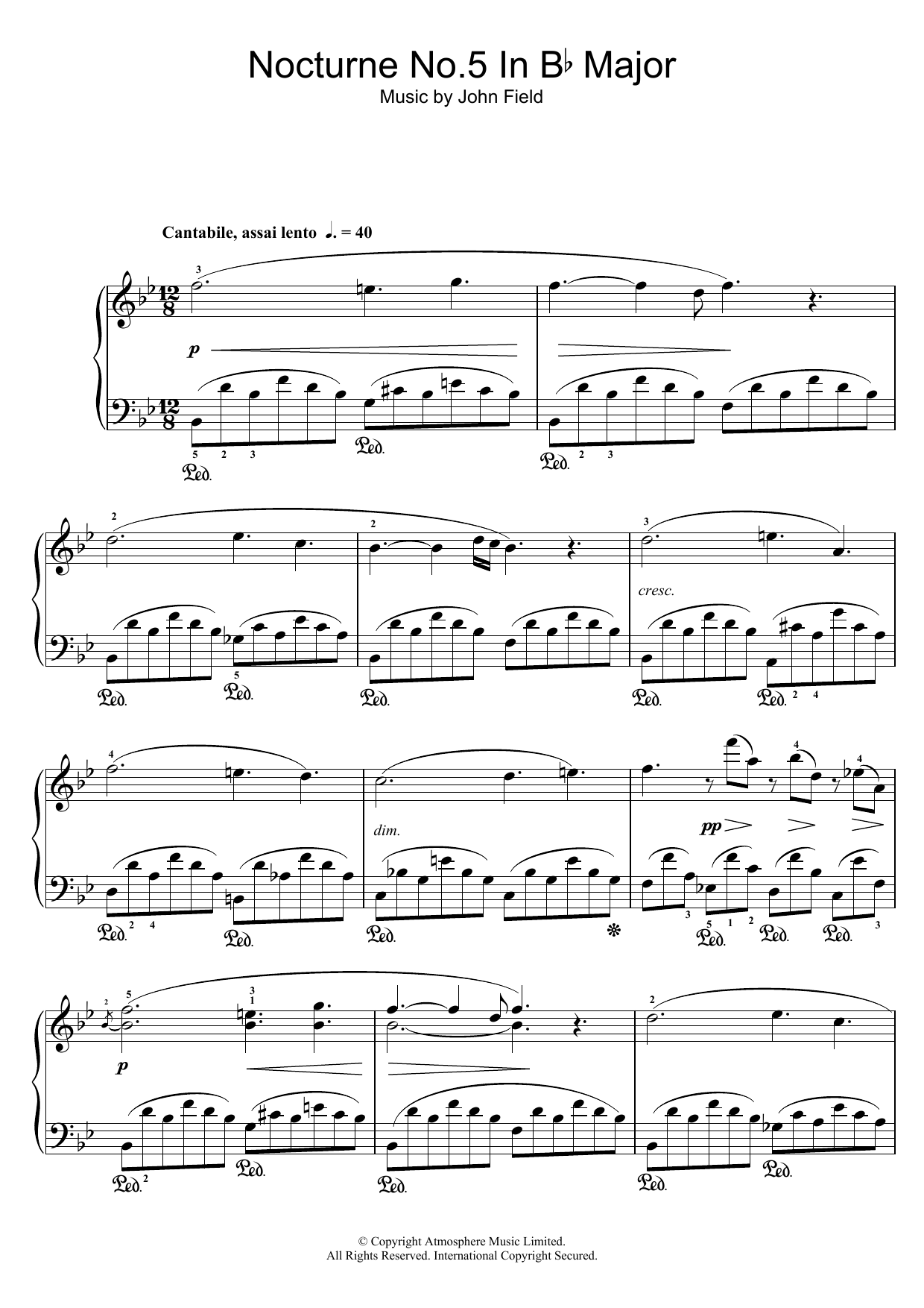 John Field Nocturne No.5 In B Flat Major sheet music notes and chords arranged for Piano Solo