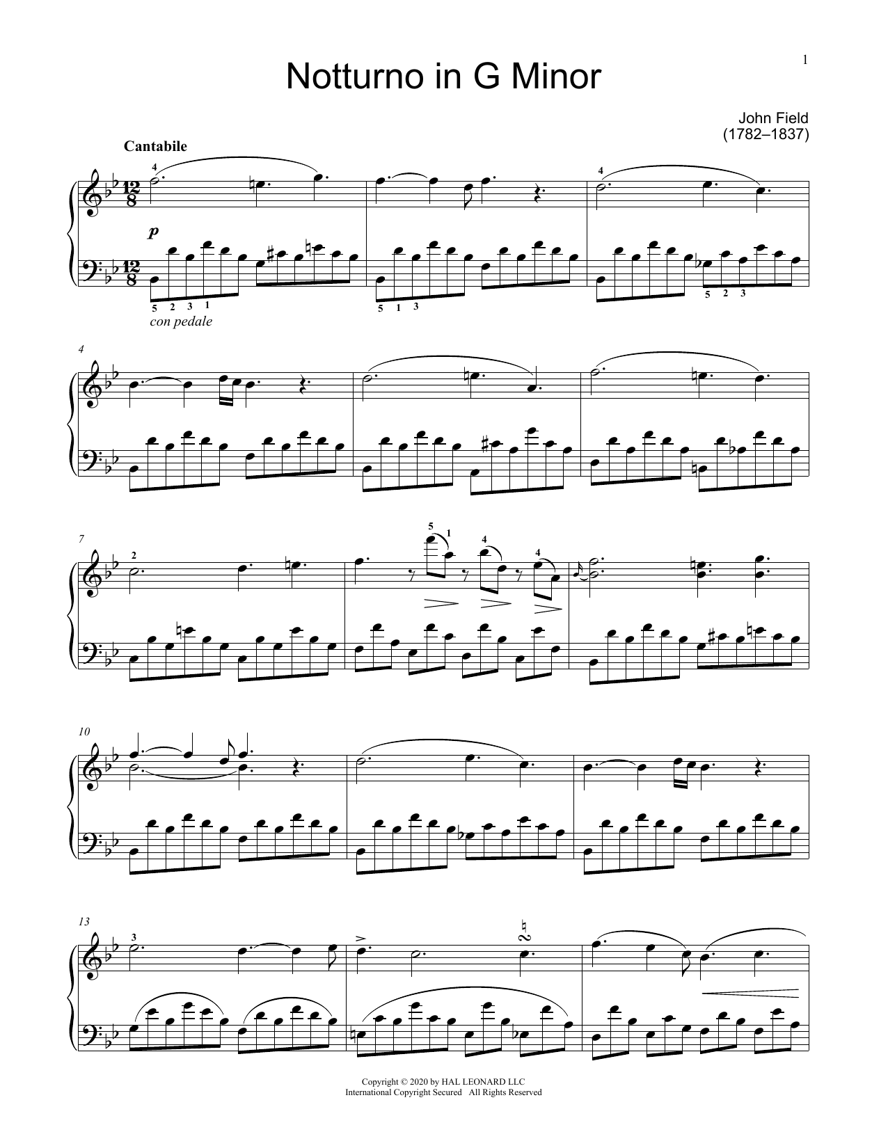 John Field Nocturno sheet music notes and chords arranged for Educational Piano