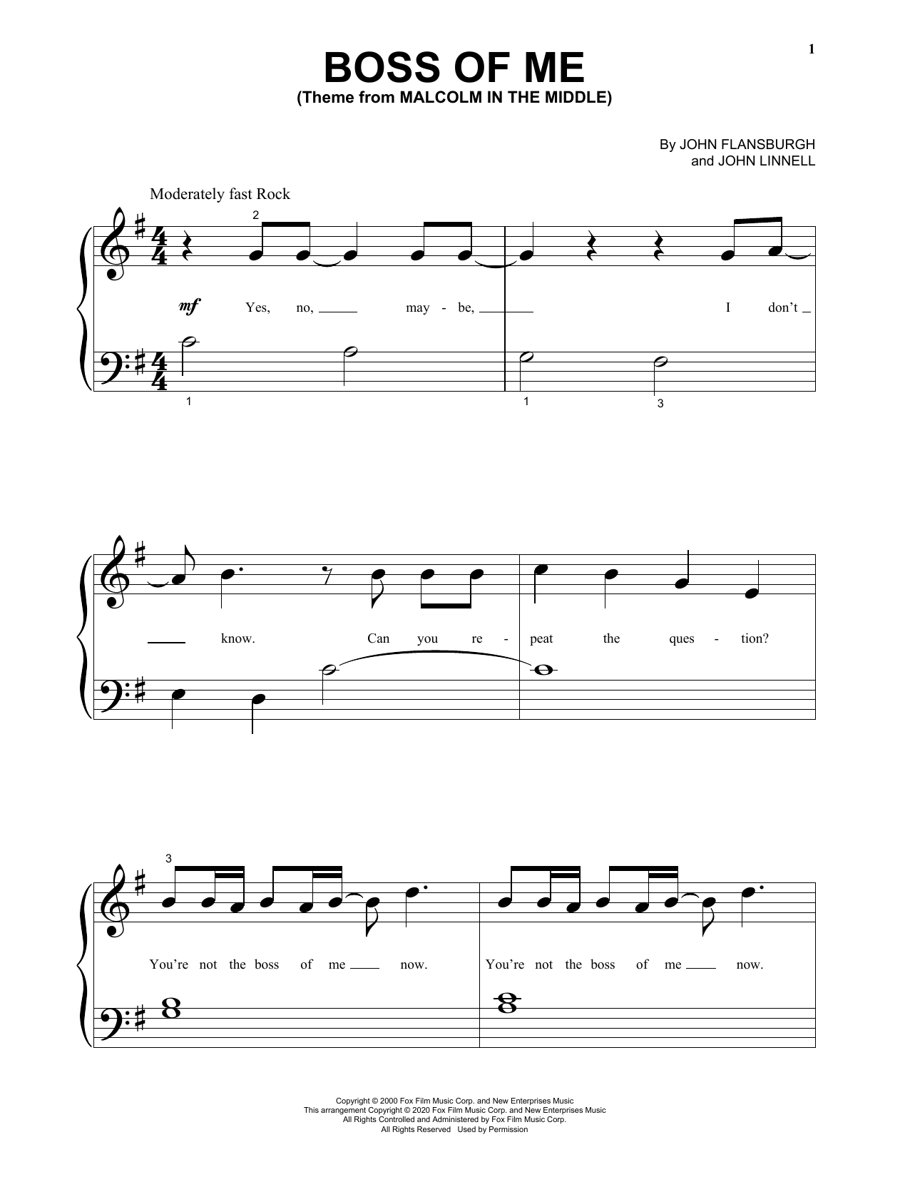 John Flansburgh & John Linnell Boss Of Me (Theme From Malcolm In The Middle) sheet music notes and chords arranged for Big Note Piano
