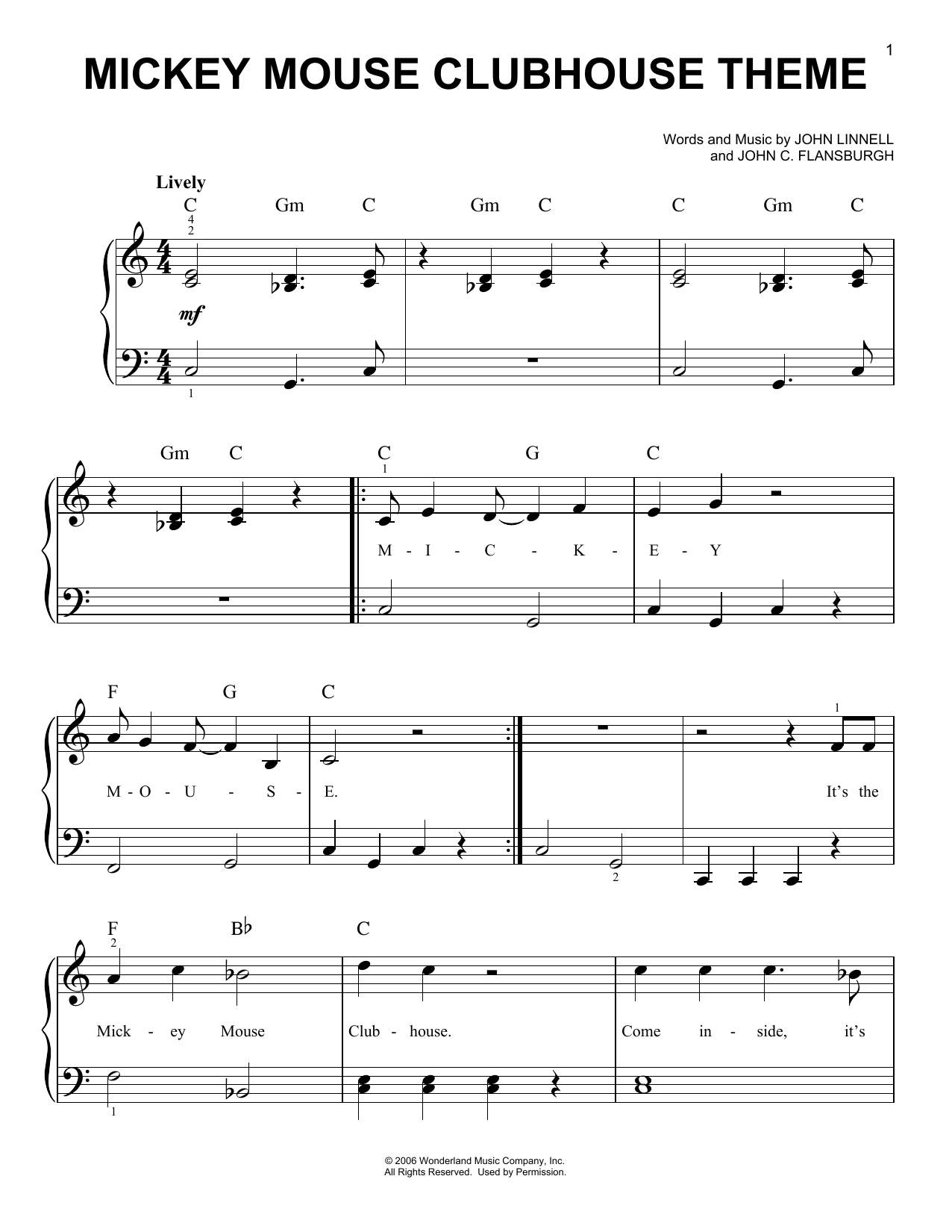John Flansburgh & John Linnell Mickey Mouse Clubhouse Theme sheet music notes and chords arranged for 5-Finger Piano