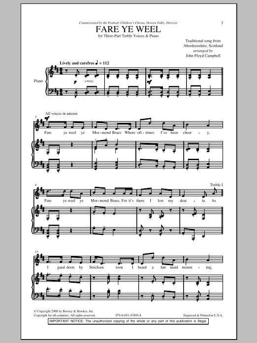 John Floyd Campbell Fare Ye Weel sheet music notes and chords arranged for 3-Part Treble Choir