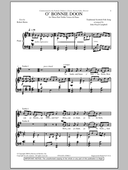 John Floyd Campbell O' Bonnie Doon sheet music notes and chords arranged for 3-Part Treble Choir