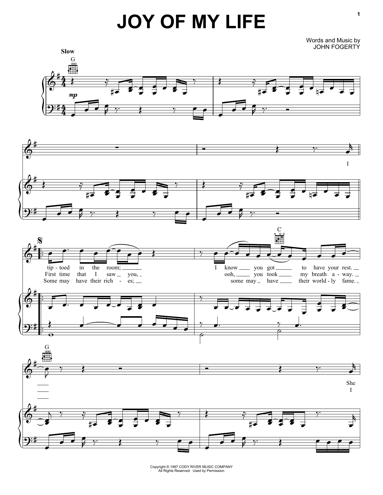 John Fogerty Joy Of My Life sheet music notes and chords arranged for Piano, Vocal & Guitar Chords (Right-Hand Melody)