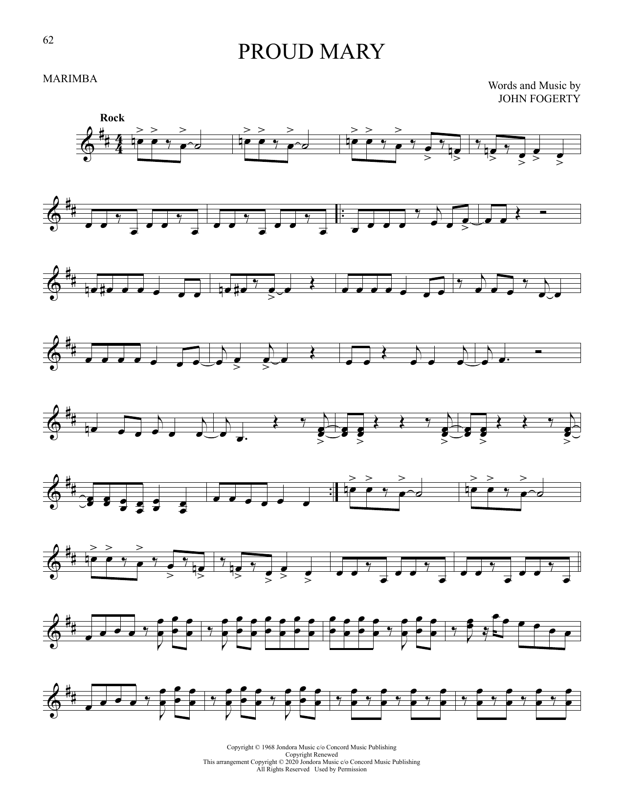 John Fogerty Proud Mary sheet music notes and chords arranged for Marimba Solo