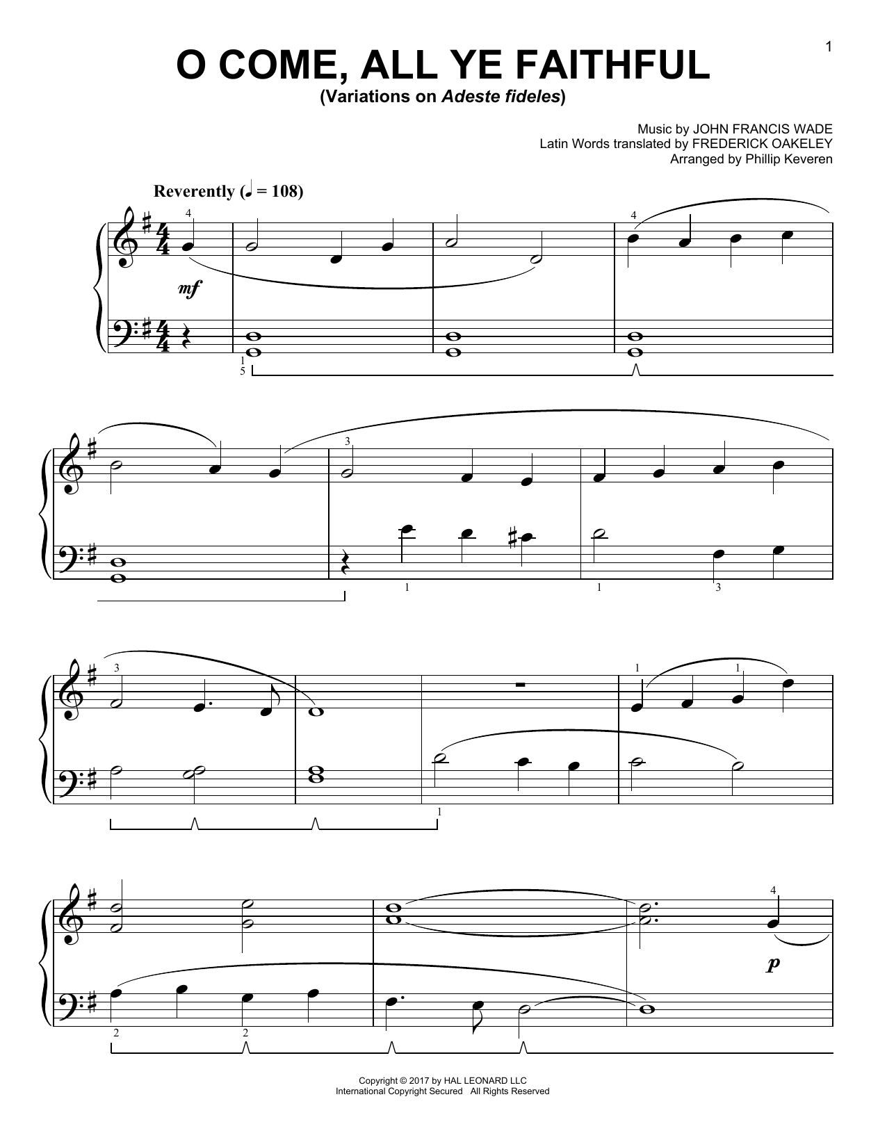 John Francis Wade O Come, All Ye Faithful [Classical version] (arr. Phillip Keveren) sheet music notes and chords arranged for Easy Piano