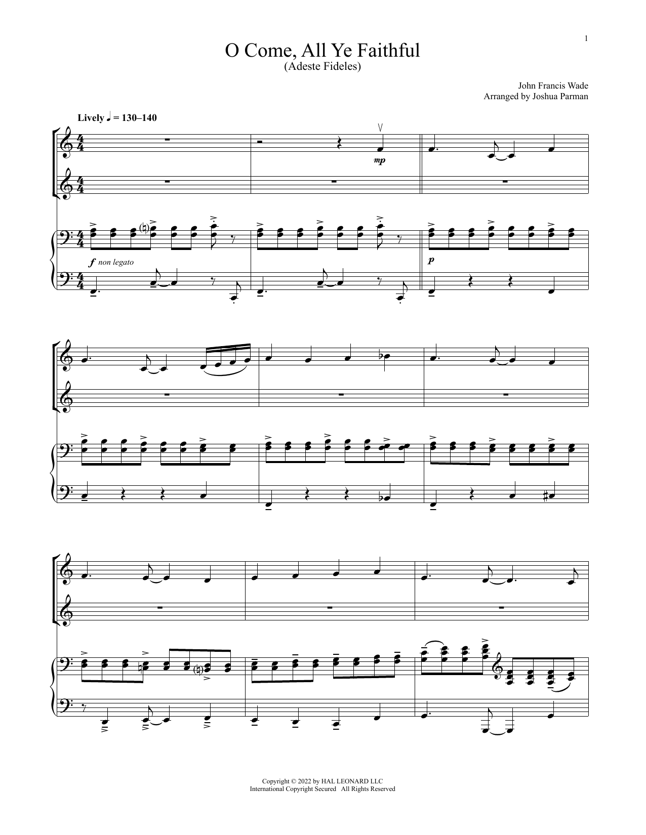 John Francis Wade O Come, All Ye Faithful (for Violin Duet and Piano) sheet music notes and chords arranged for Violin and Piano
