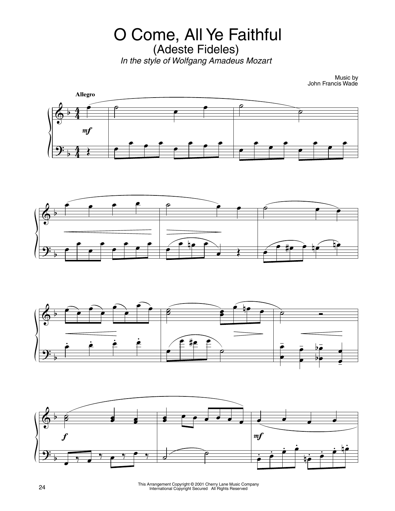 John Francis Wade O Come, All Ye Faithful (in the style of Mozart) (arr. Carol Klose) sheet music notes and chords arranged for Piano Solo