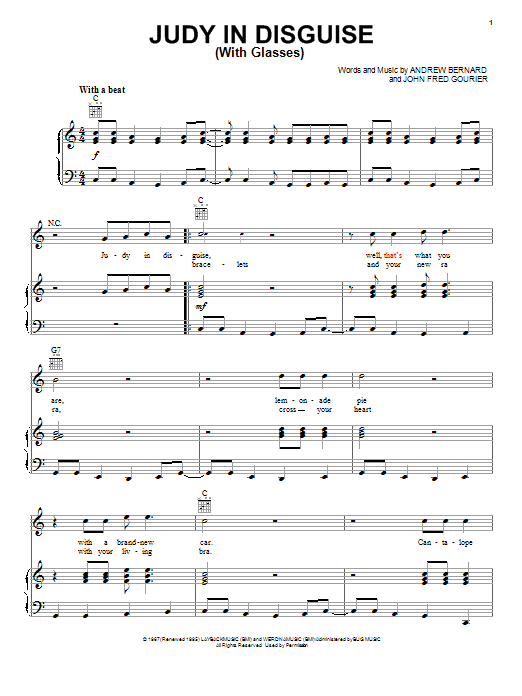 John Fred & His Playboy Band Judy In Disguise (With Glasses) sheet music notes and chords arranged for Piano, Vocal & Guitar Chords (Right-Hand Melody)