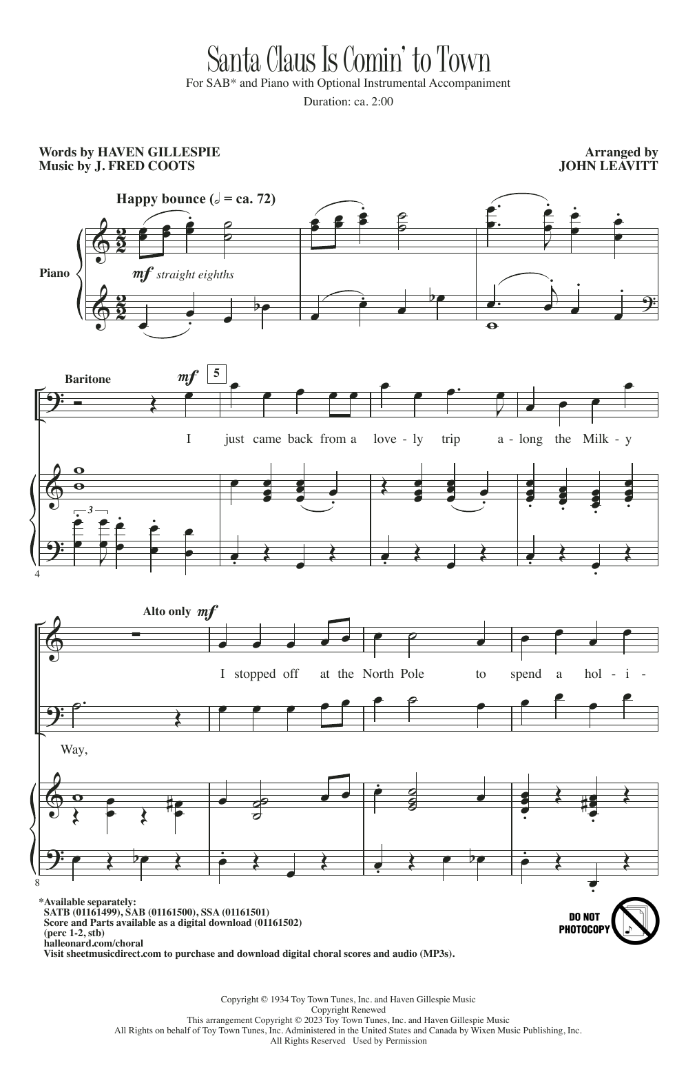J. Fred Coots Santa Claus Is Comin' To Town (arr. John Leavitt) sheet music notes and chords arranged for SAB Choir