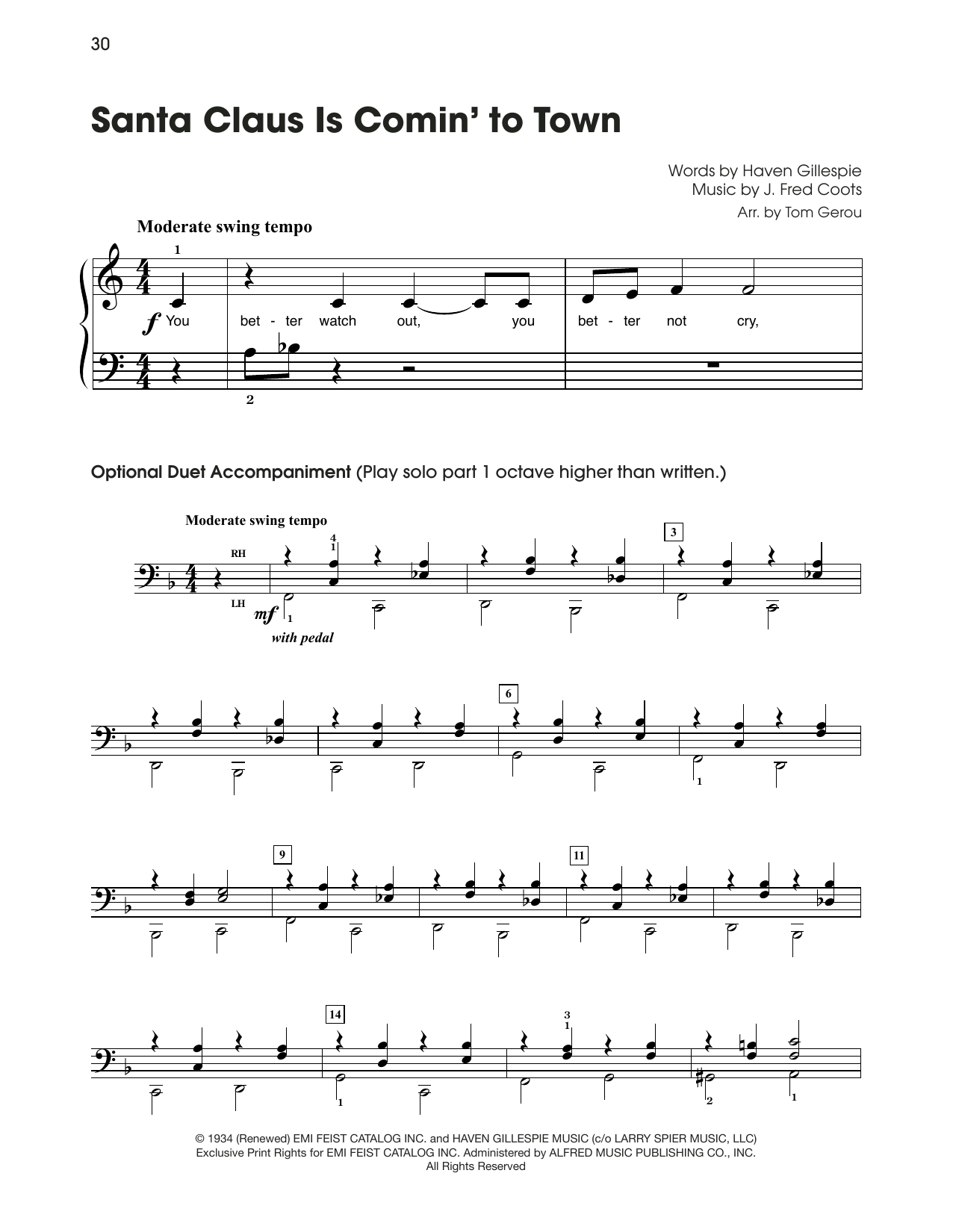 J. Fred Coots Santa Claus Is Comin' To Town (arr. Tom Gerou) sheet music notes and chords arranged for 5-Finger Piano