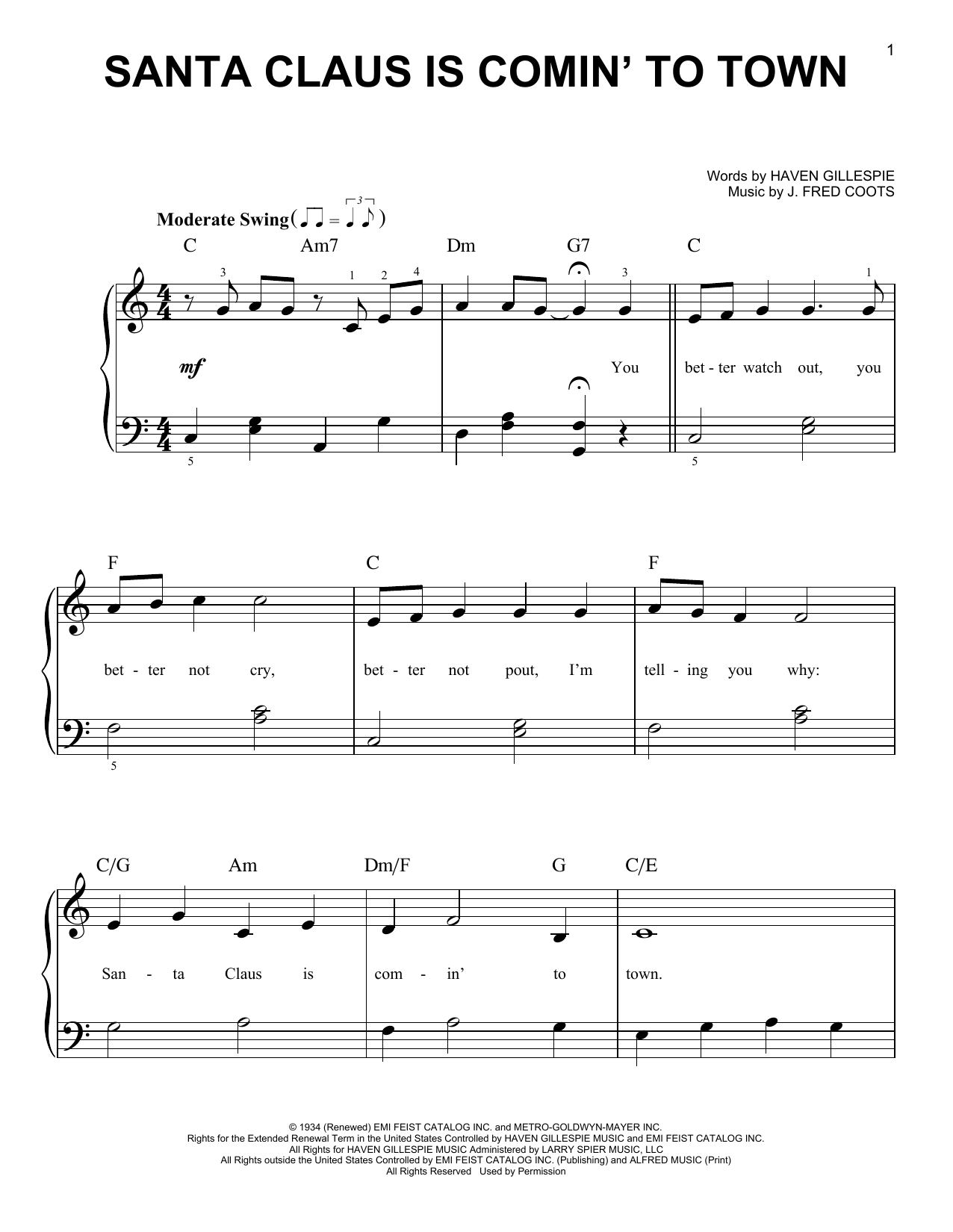 J. Fred Coots Santa Claus Is Comin' To Town sheet music notes and chords arranged for Very Beginner Piano