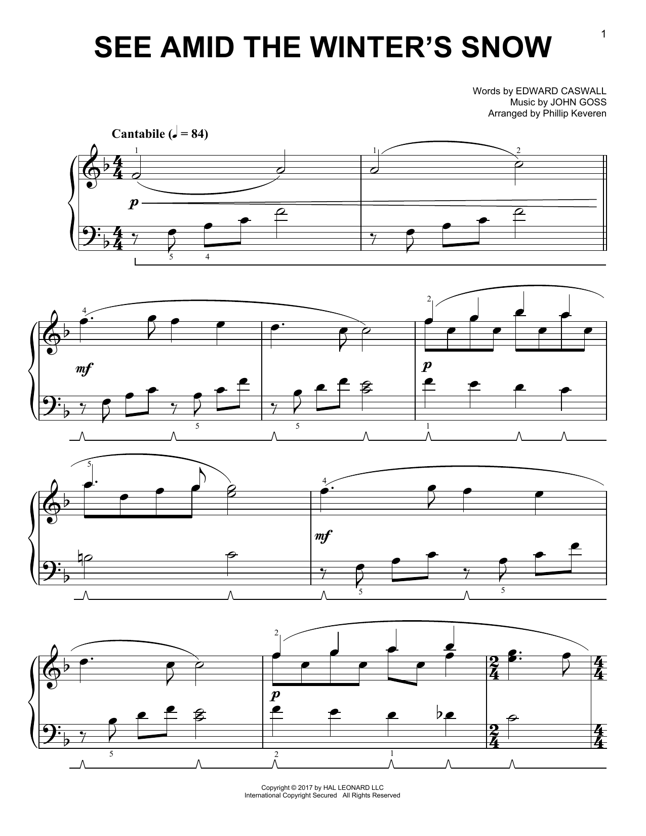 John Goss See Amid The Winter's Snow [Classical version] (arr. Phillip Keveren) sheet music notes and chords arranged for Easy Piano