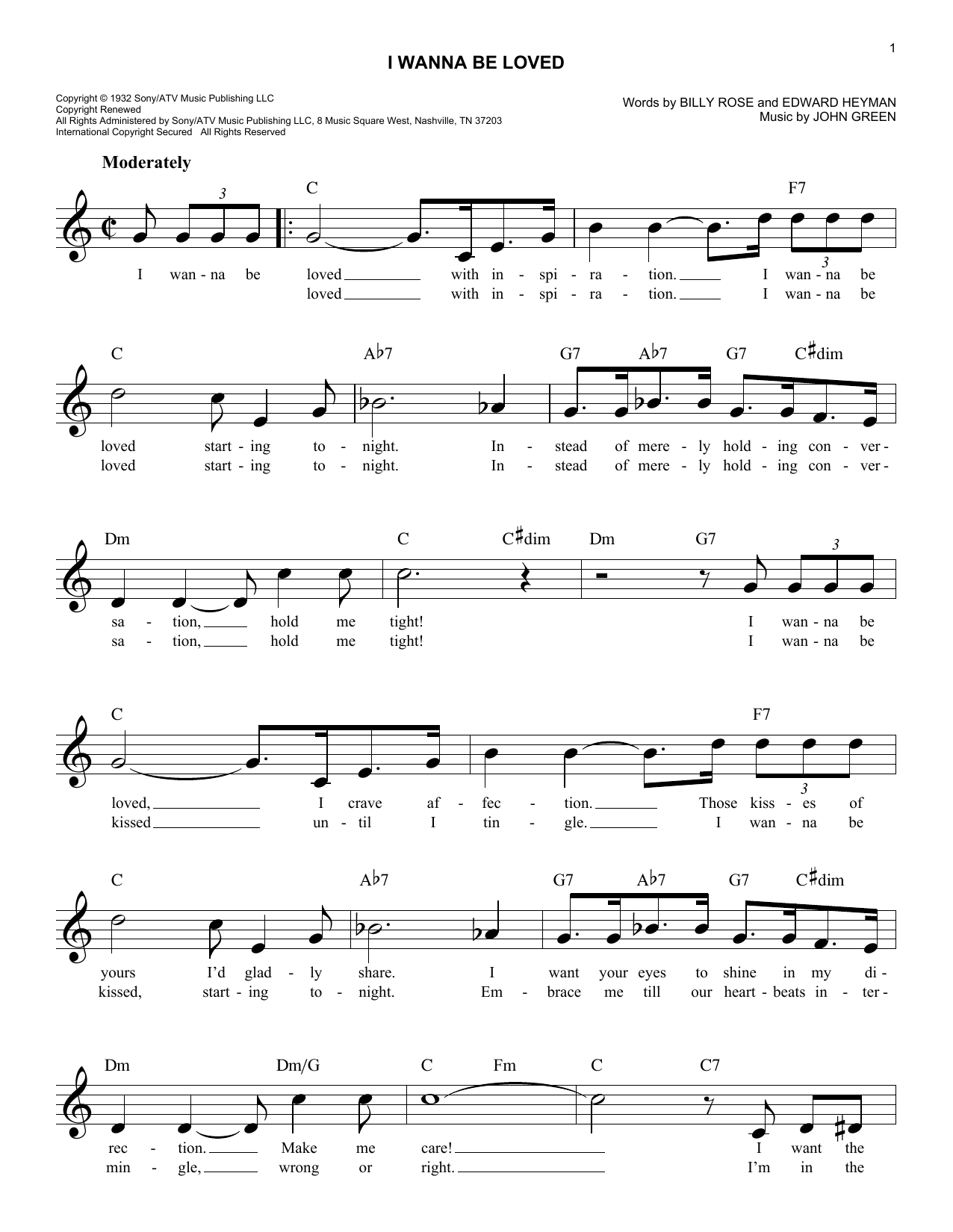 John Green I Wanna Be Loved sheet music notes and chords arranged for Lead Sheet / Fake Book