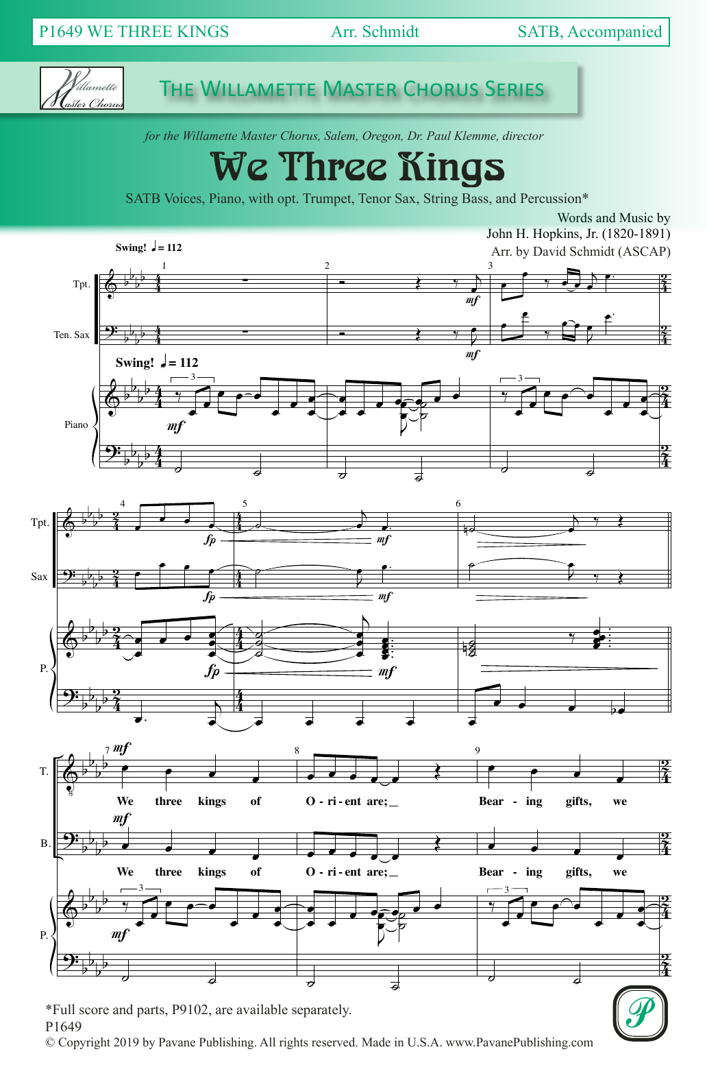 John H. Hopkins, Jr. We Three Kings (arr. David Schmidt) sheet music notes and chords arranged for SATB Choir