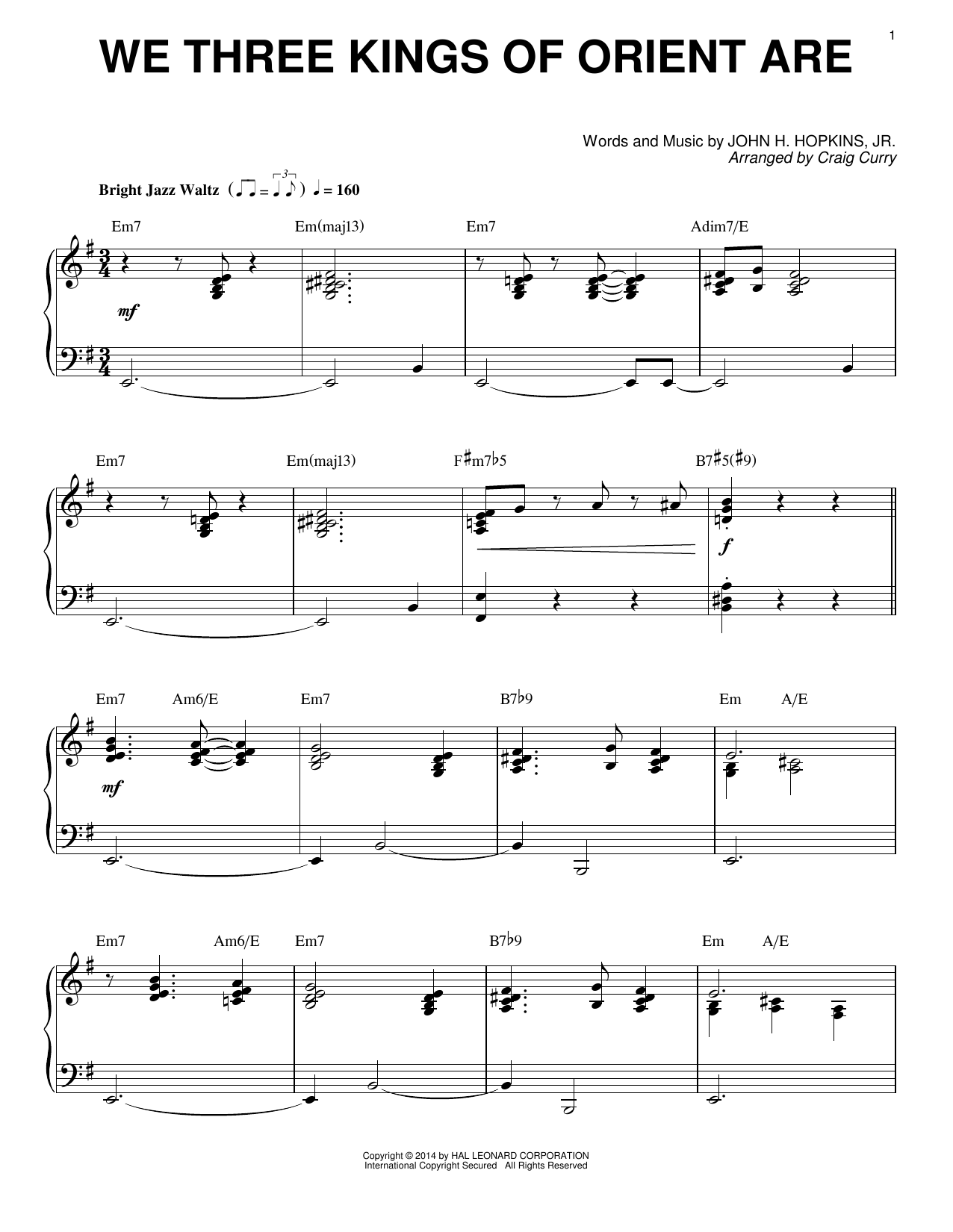 John H. Hopkins, Jr. We Three Kings Of Orient Are (arr. Craig Curry) sheet music notes and chords arranged for Piano Solo