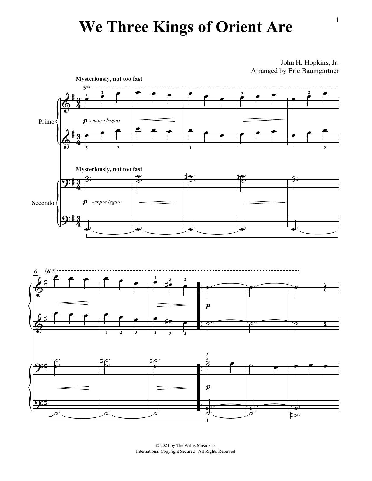 John H. Hopkins, Jr. We Three Kings Of Orient Are (arr. Eric Baumgartner) sheet music notes and chords arranged for Piano Duet