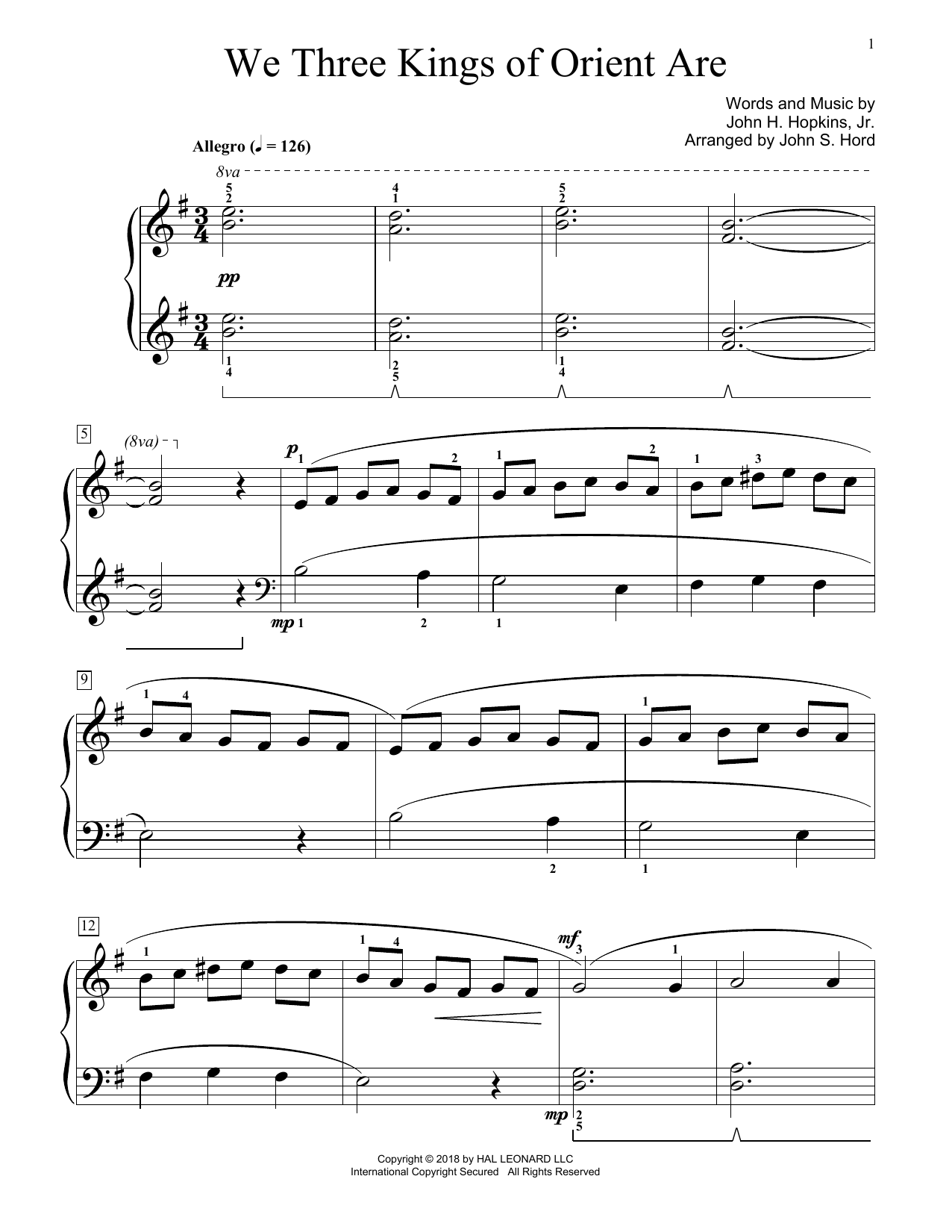 John H. Hopkins, Jr. We Three Kings Of Orient Are (arr. John S. Hord) sheet music notes and chords arranged for Educational Piano