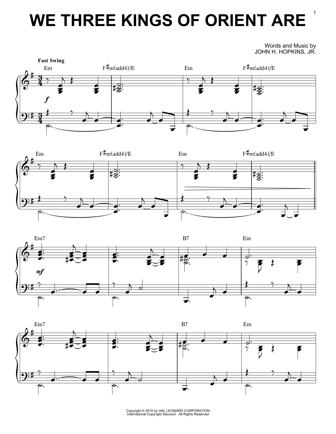 John H. Hopkins, Jr. We Three Kings Of Orient Are [Jazz version] (arr. Brent Edstrom) sheet music notes and chords arranged for Piano Solo