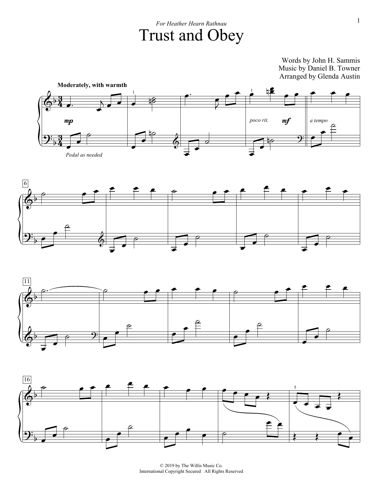 John H. Sammis Trust And Obey (arr. Glenda Austin) sheet music notes and chords arranged for Educational Piano