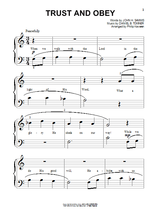 John H. Sammis Trust And Obey (arr. Phillip Keveren) sheet music notes and chords arranged for Beginning Piano Solo