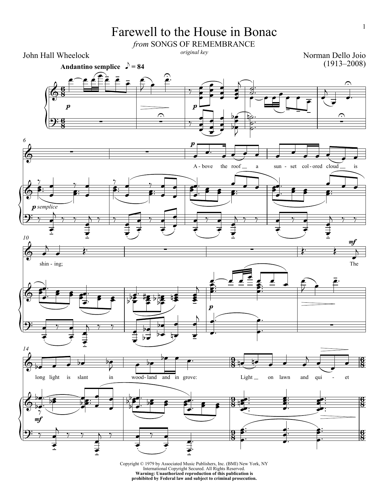 John Hall Wheelock Farewell To The House In Bonac sheet music notes and chords arranged for Piano & Vocal
