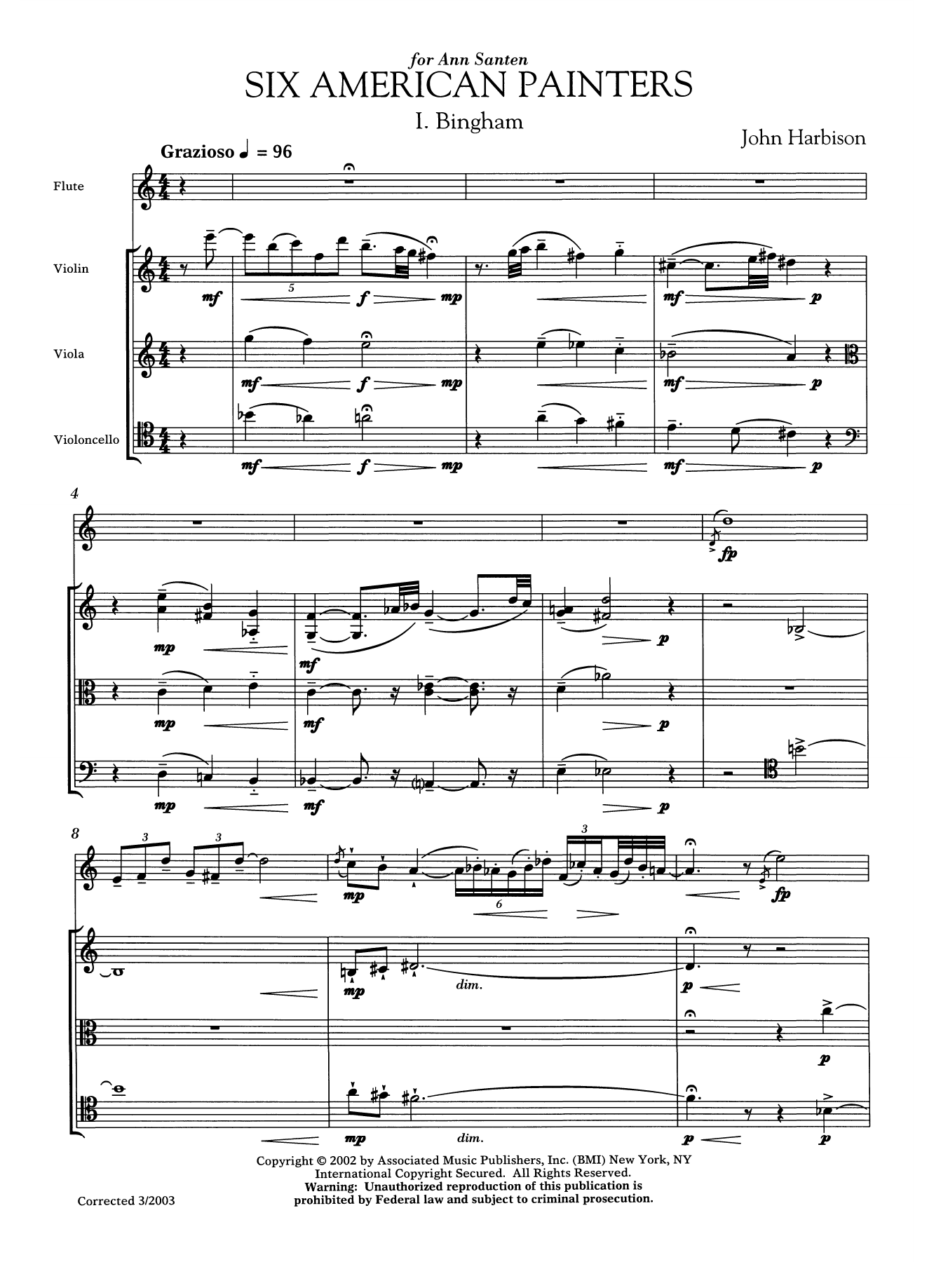 John Harbison Six American Painters (flute version) sheet music notes and chords arranged for Chamber Group