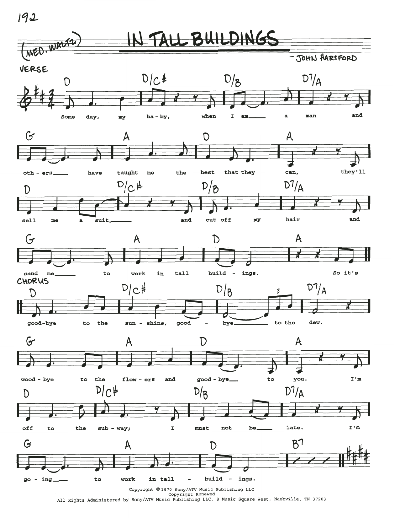 John Hartford In Tall Buildings sheet music notes and chords arranged for Real Book – Melody, Lyrics & Chords