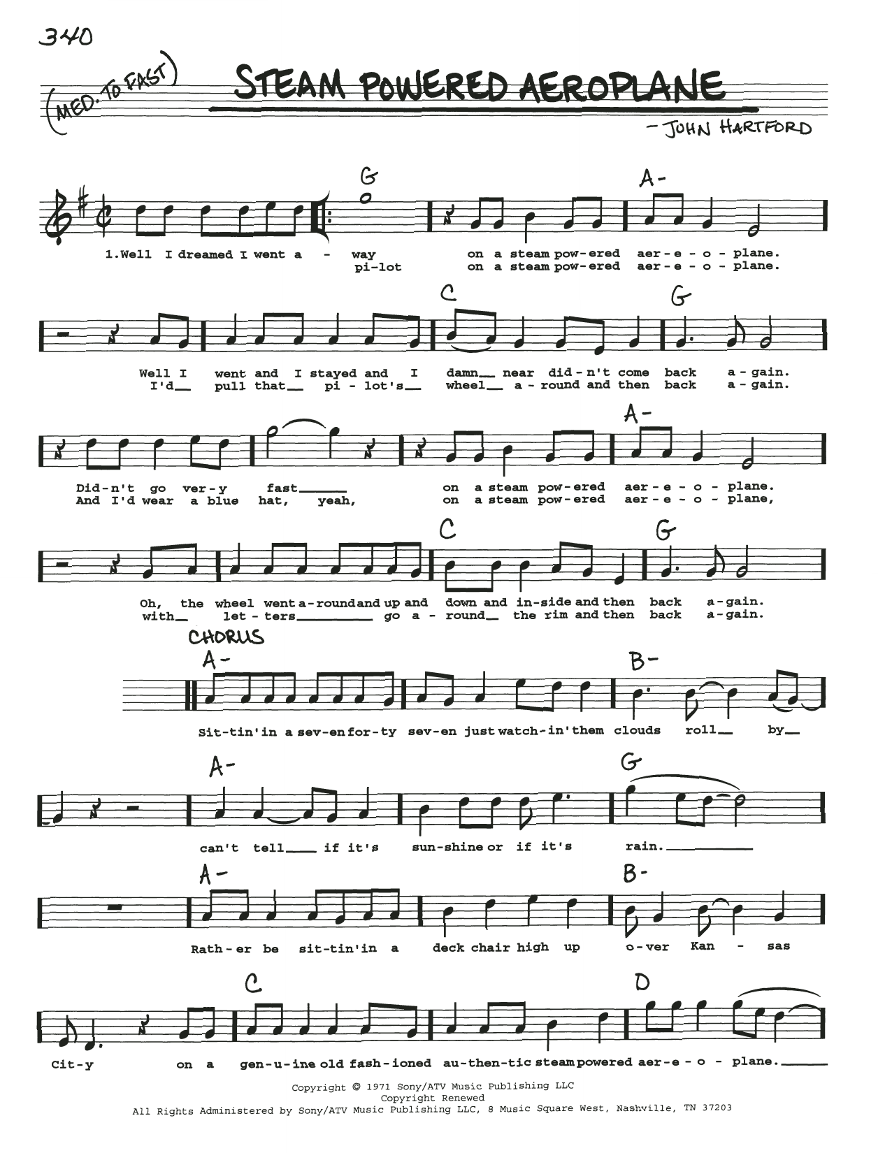 John Hartford Steam Powered Aeroplane sheet music notes and chords arranged for Real Book – Melody, Lyrics & Chords