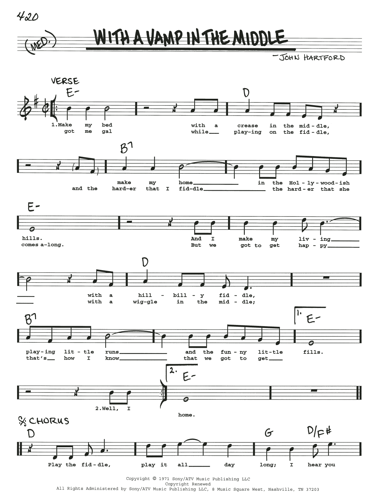 John Hartford With A Vamp In The Middle sheet music notes and chords arranged for Real Book – Melody, Lyrics & Chords