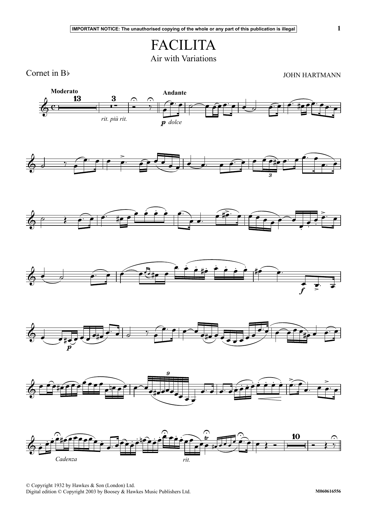 John Hartmann Facilita (Air With Variations) sheet music notes and chords arranged for Trumpet and Piano