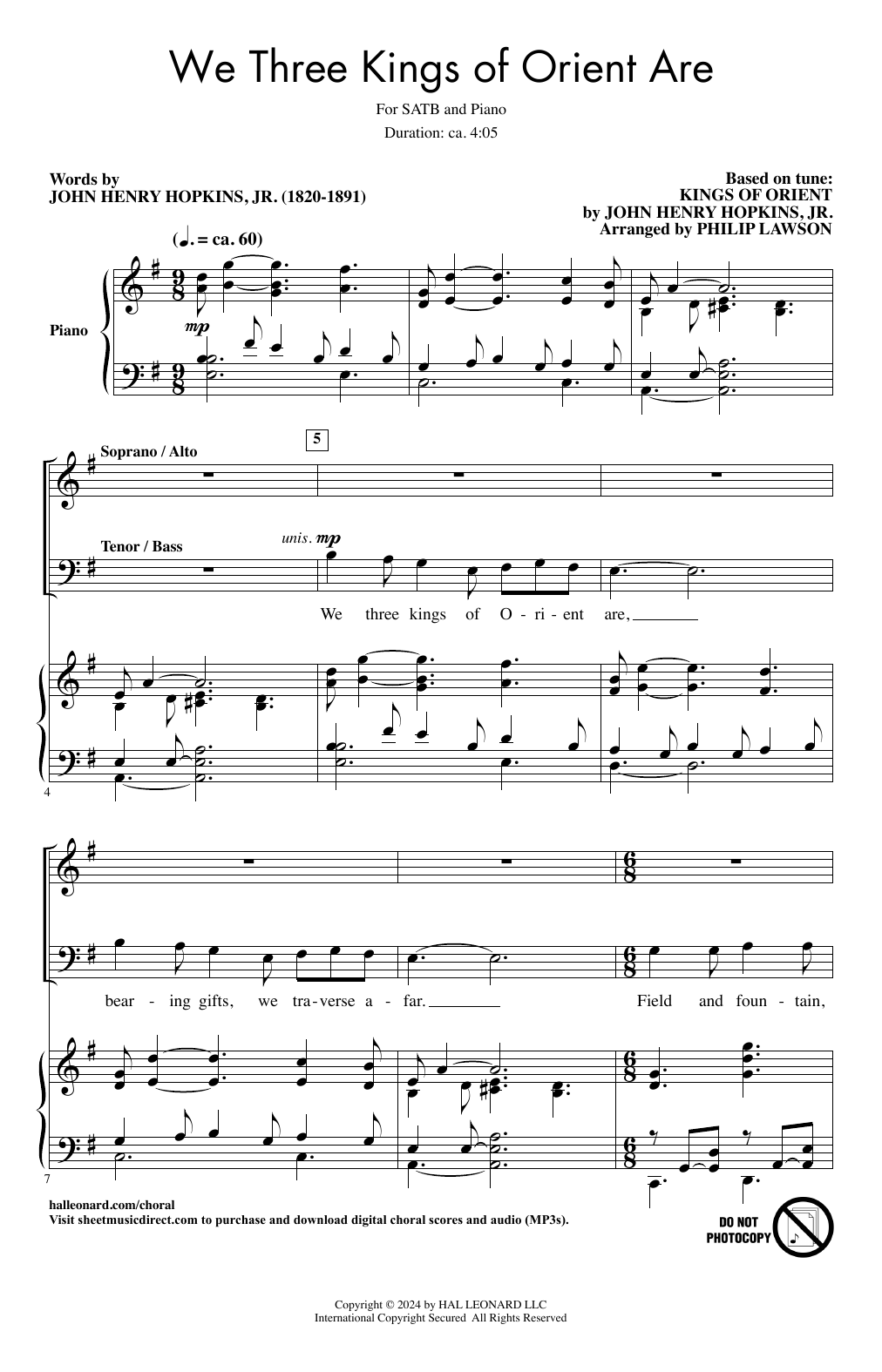 John Henry Hopkins, Jr. We Three Kings Of Orient Are (arr. Philip Lawson) sheet music notes and chords arranged for SATB Choir
