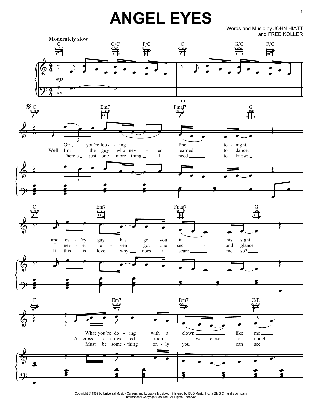 John Hiatt Angel Eyes sheet music notes and chords arranged for Easy Piano