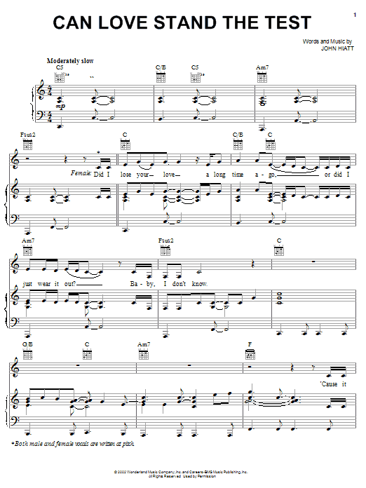 John Hiatt Can Love Stand The Test sheet music notes and chords arranged for Piano, Vocal & Guitar Chords (Right-Hand Melody)