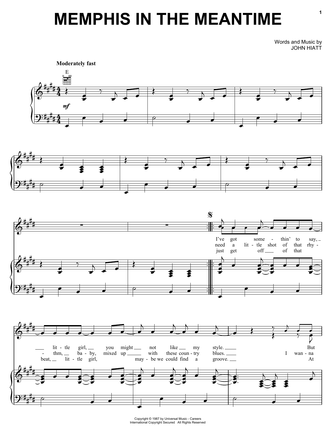 John Hiatt Memphis In The Meantime sheet music notes and chords arranged for Piano, Vocal & Guitar Chords (Right-Hand Melody)