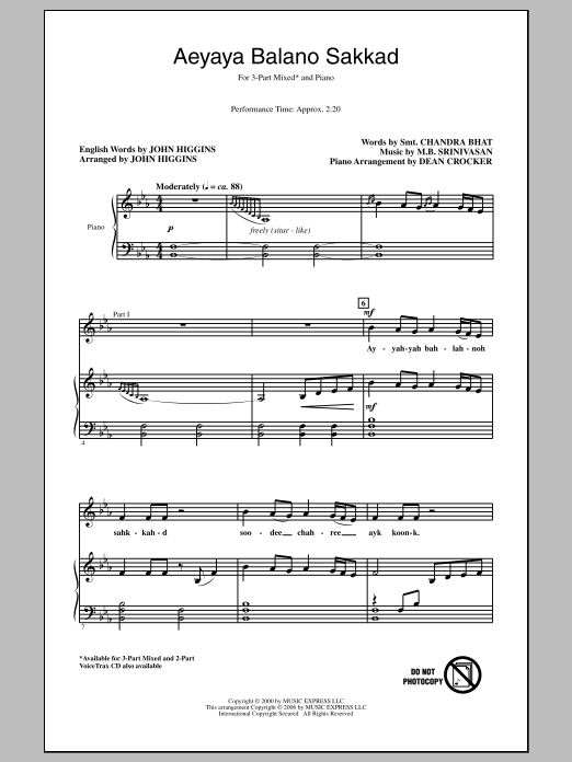 John Higgins Aeyaya Balano Sakkad sheet music notes and chords arranged for 3-Part Mixed Choir