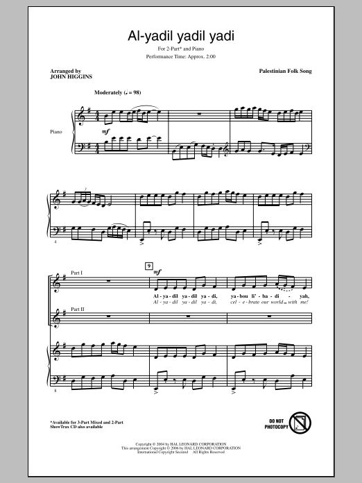John Higgins Al-Yadil Yadil Yadi sheet music notes and chords arranged for 2-Part Choir