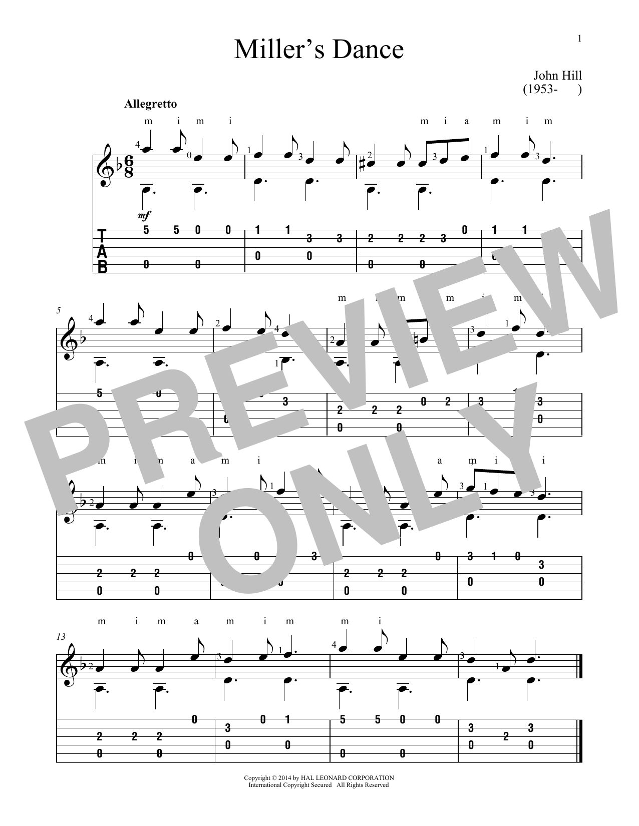 John Hill Miller's Dance sheet music notes and chords arranged for Solo Guitar