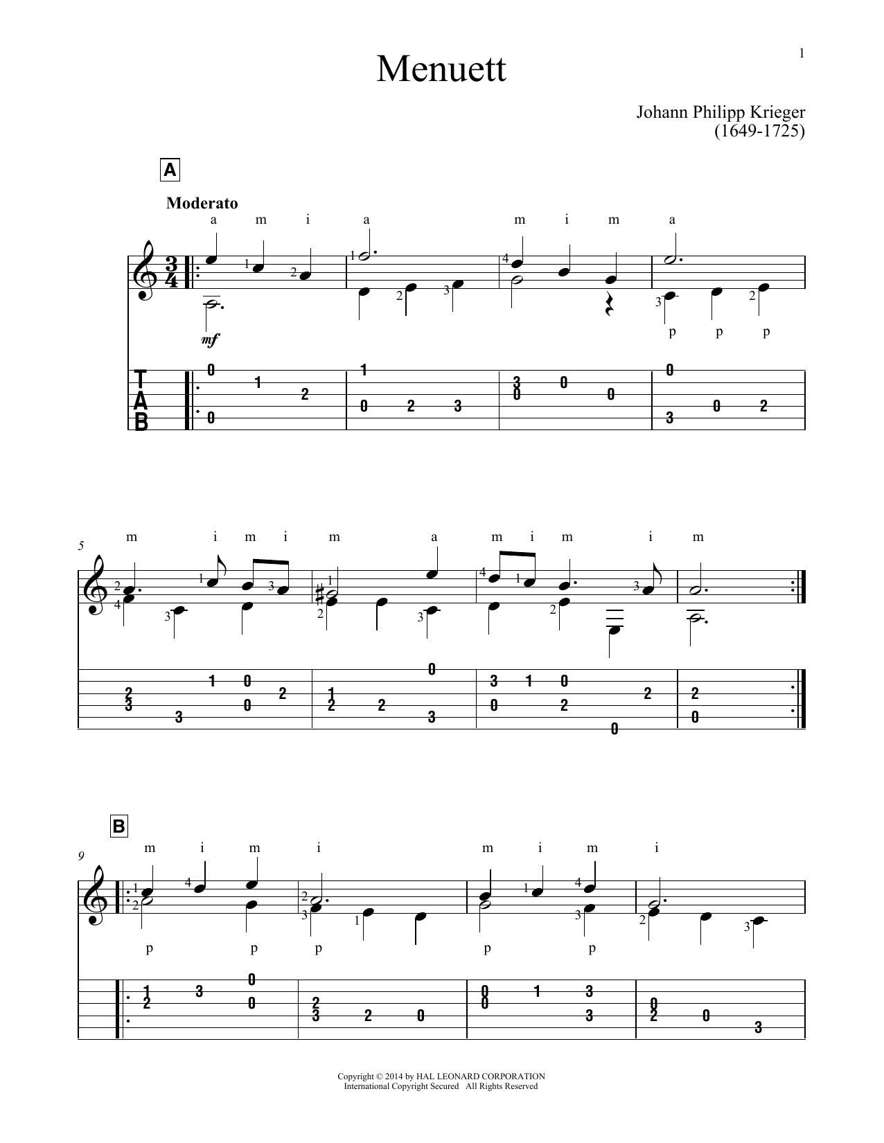 John Hill Minuet sheet music notes and chords arranged for Solo Guitar
