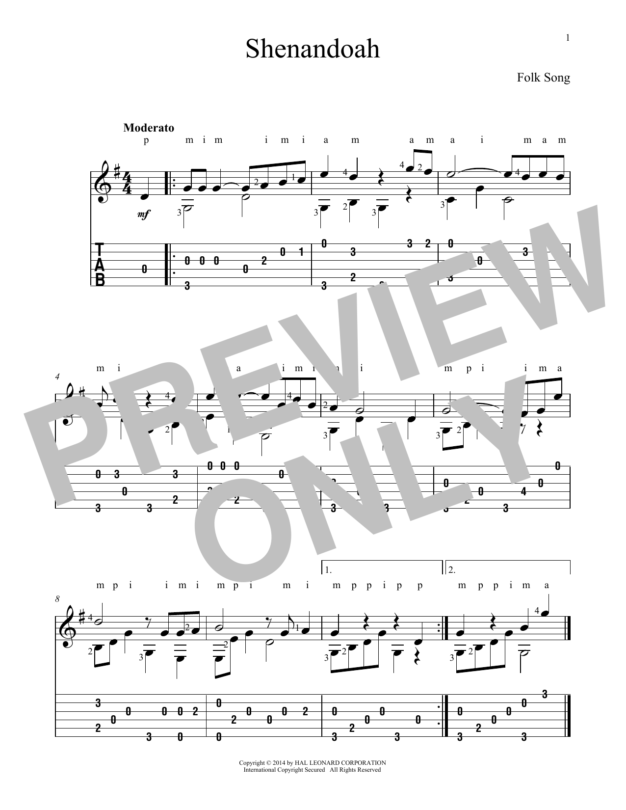 John Hill Shenandoah sheet music notes and chords arranged for Solo Guitar