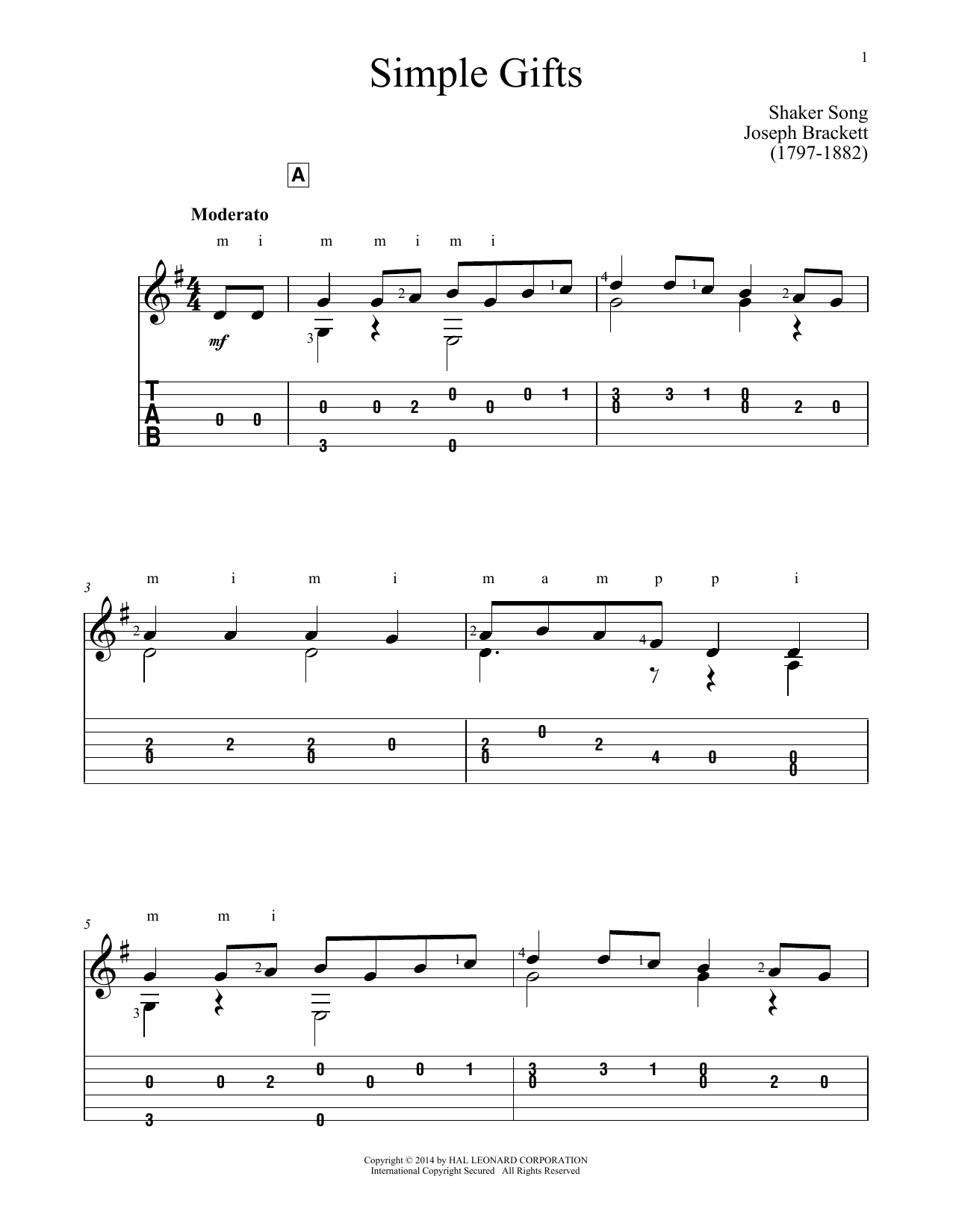 John Hill Simple Gifts sheet music notes and chords arranged for Solo Guitar