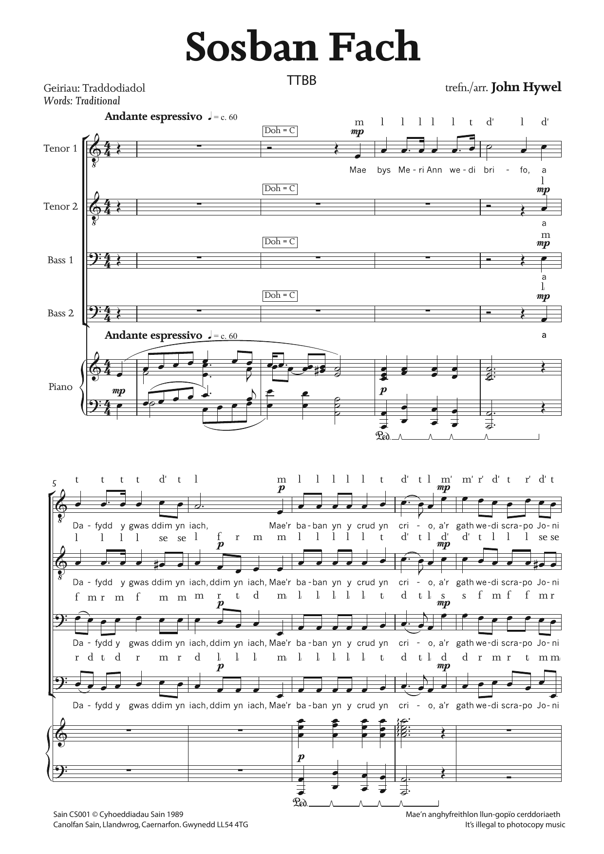 John Hywel Sosban Fach sheet music notes and chords arranged for TTBB Choir