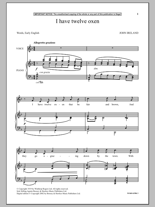 John Ireland I Have Twelve Oxen sheet music notes and chords arranged for Piano & Vocal