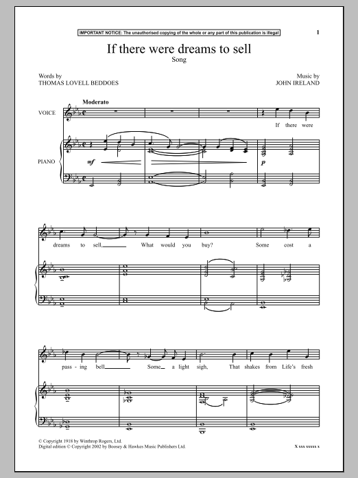 John Ireland If There Were Dreams To Sell sheet music notes and chords arranged for Piano & Vocal