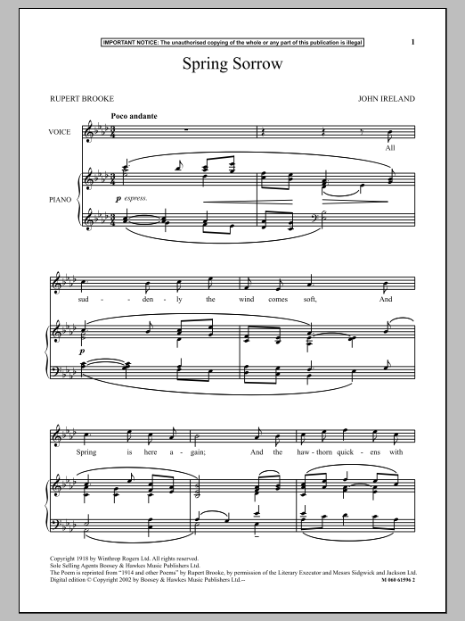 John Ireland Spring Sorrow sheet music notes and chords arranged for Piano & Vocal